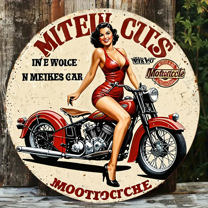 Vintage Collectible Signs - ヴィンテージバイクアルミニウムウォールアート - 8x8インチの丸いメタルサイン、自宅、ガレージ、カフェの装飾に | クラシックな素朴な車好きの女の子デザイン