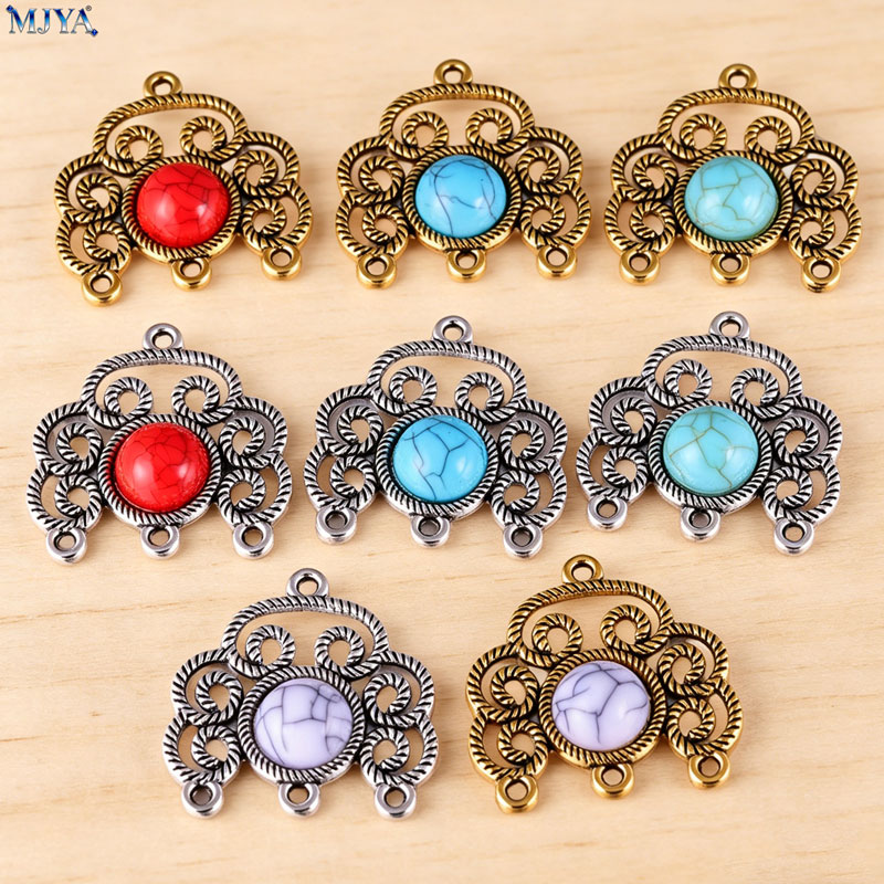 Vintage Collectibles For Sale - MJYA 5 ピース/ロットヴィンテージ合金ターコイズコネクターチャーム中空花柄デザイン DIY ジュエリー作成用品アクセサリー