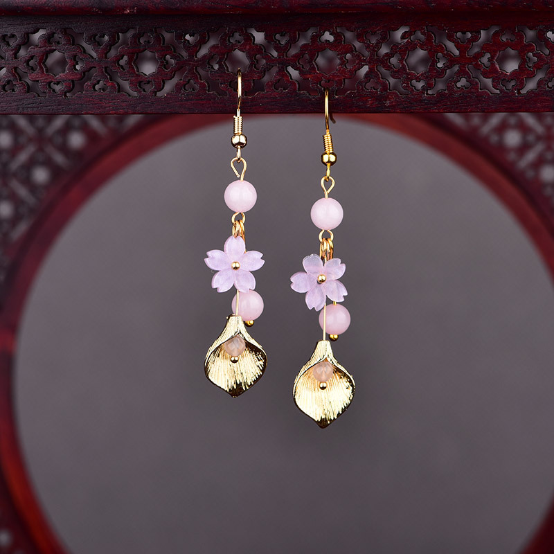 Vintage Collectibles For Sale - ピンク天然翡翠の花のイヤリングヴィンテージギフト女性のためのお守り本物のジュエリーチャーム高級幸運の彫刻された宝石