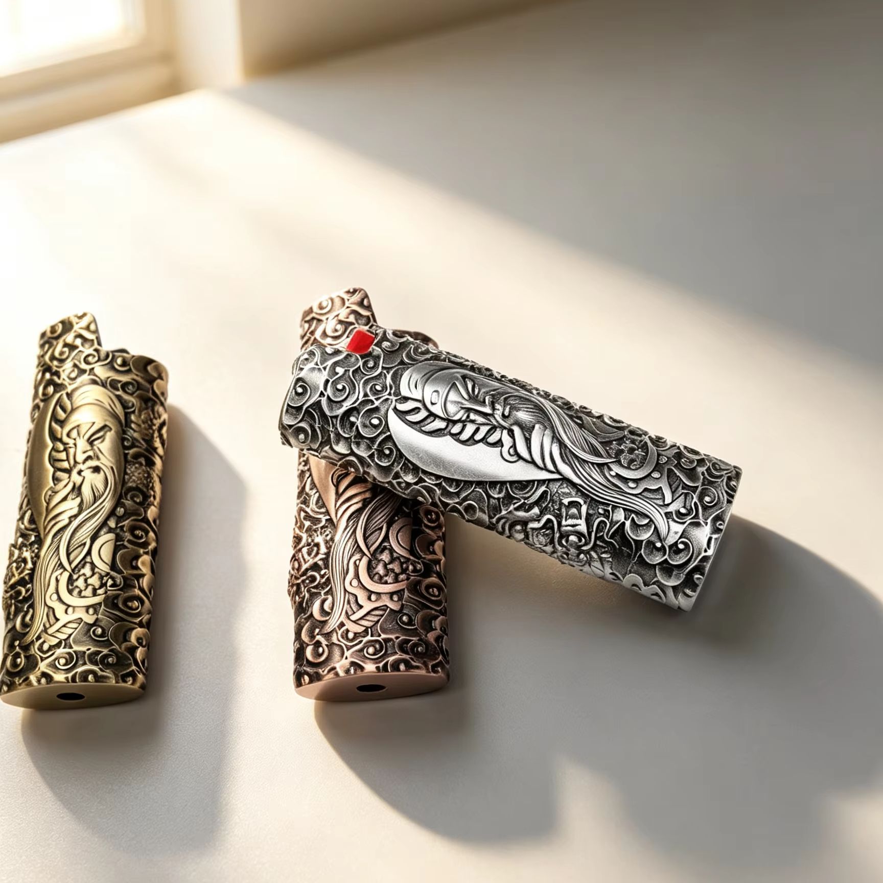 Vintage And Collectible - 亜鉛合金製ライターケース BIC J6用 3D関公レリーフ 保護シェル ヴィンテージ
