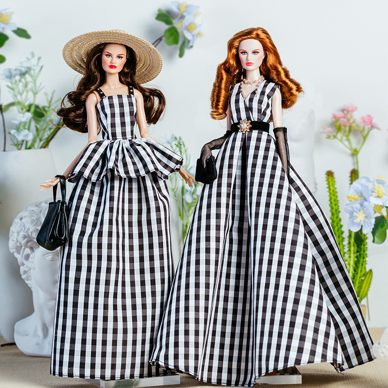 Vintage Toys Collector - 32 センチメートルスーパーモデル人形服スーツヨーロッパのファッションヴィンテージ黒と白のチェック柄ドレスセットプリンセスガール DIY おもちゃコレクターギフト
