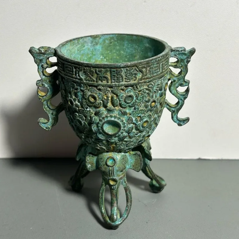 アンティークブロンズ製儀式用カップ、双龍柄、三象脚、ワインゴ - Collectible Vintage Wine のレビューと価格